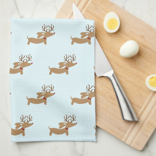 トナカイダックスフントクリスマスグリーンディッシュタオル キッチンタオル