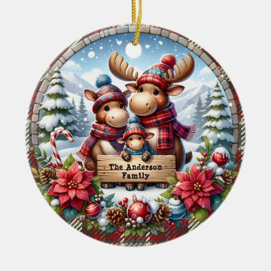 トナカイパーソナライズされたの3つのクリスマスの家族 セラミックオーナメント (正面)