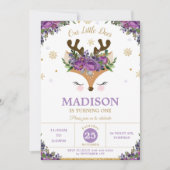 トナカイパープル·フローラの雪片誕生パーティー 招待状 (正面)