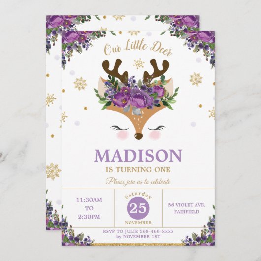 トナカイパープル·フローラの雪片誕生パーティー 招待状 (正面/裏面)