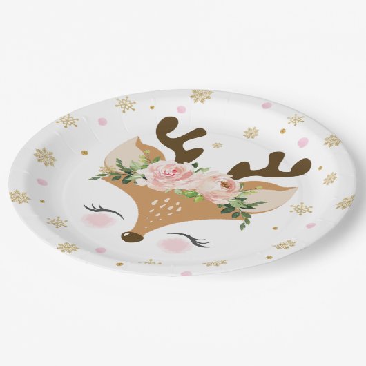 トナカイフローラスノーフレークスクリスマス誕生日 ペーパープレート (アングル)