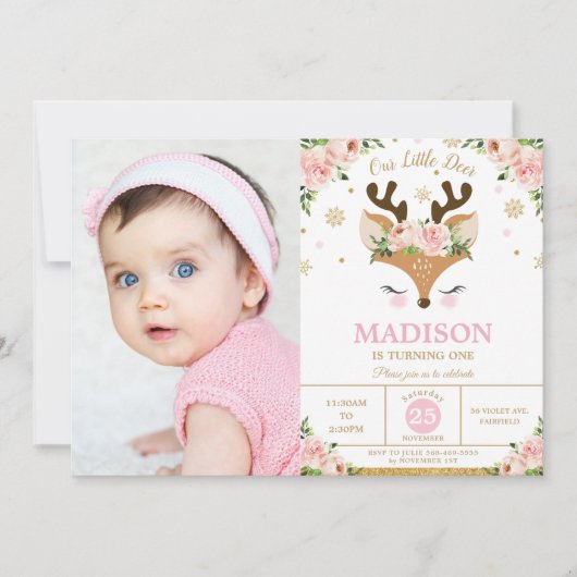 トナカイフローラスノーフレークス冬誕生日写真 招待状 (正面)