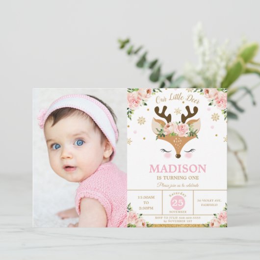 トナカイフローラスノーフレークス冬誕生日写真 招待状 (スタンド正面)