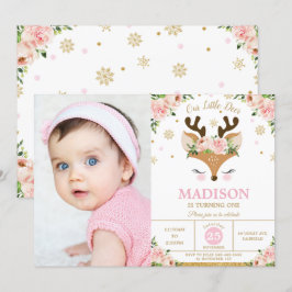 トナカイフローラスノーフレークス冬誕生日写真 招待状