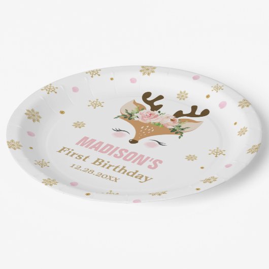 トナカイフローラスノーフレークズクリスマス誕生日 ペーパープレート (アングル)