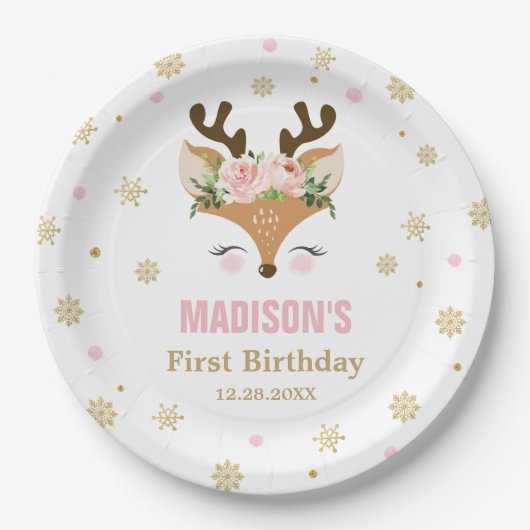 トナカイフローラスノーフレークズクリスマス誕生日 ペーパープレート (正面)