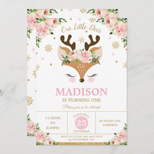 トナカイフローラスノーフレーク冬の誕生日パーティー 招待状 (正面/裏面)