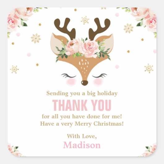 トナカイフローラ雪片クリスマスサンキュー スクエアシール (正面)