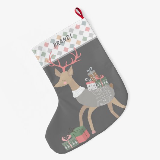 トナカイプレゼントのひし形パターン ラージクリスマスストッキング (裏面 (吊り時))