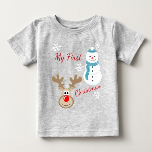 トナカイルドルフの雪だるまのベビーの第1クリスマス ベビーTシャツ (正面)