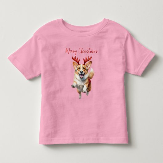 トナカイ付きクリスマスコルギ〔雄ジカの〕枝角 トドラーTシャツ (正面)
