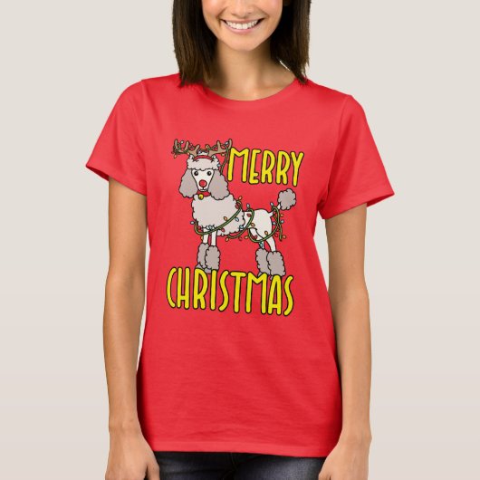 トナカイ付きクリスマスプードル〔雄ジカの〕枝角 Tシャツ (正面)