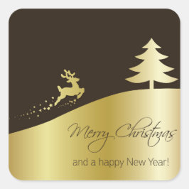 トナカイ付きゴールデンクリスマスツリー スクエアシール