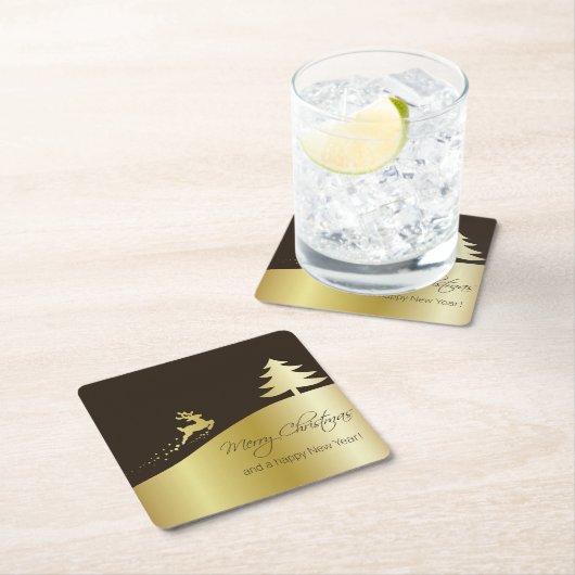 トナカイ付きゴールデンクリスマスツリー スクエアペーパーコースター (インサイチュ)