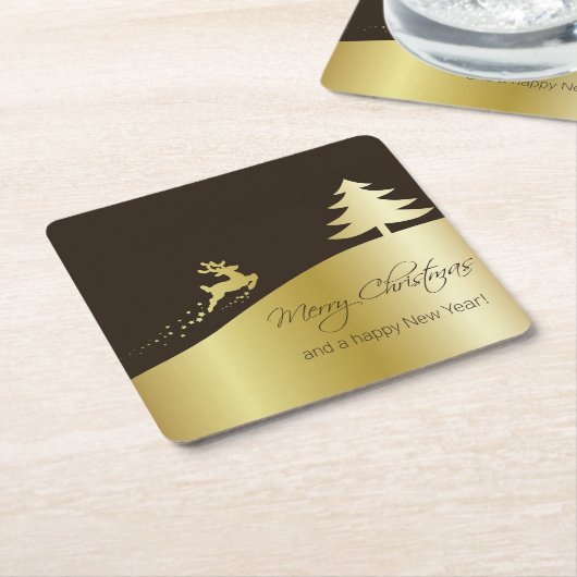 トナカイ付きゴールデンクリスマスツリー スクエアペーパーコースター (アングル)