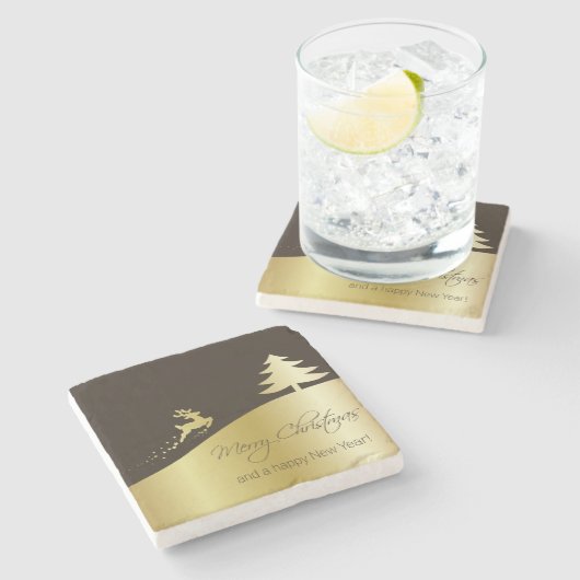 トナカイ付きゴールデンクリスマスツリー ストーンコースター (横)