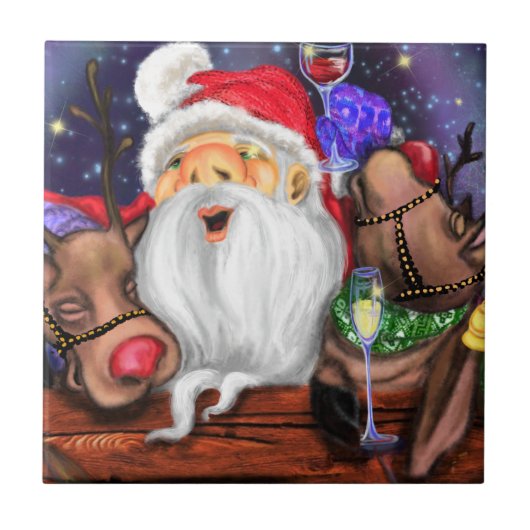 トナカイ付きサンタおもしろいークリスマスセラミックタイル タイル (正面)