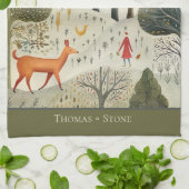 トナカイ付きスカンジナビアのクリスマス冬の森 キッチンタオル (折り畳み)