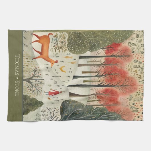 トナカイ付きスカンジナビアのクリスマス冬の森 キッチンタオル (横)