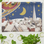 トナカイ付きヴィンテージクリスマスサンタ飛んでいるクロース キッチンタオル (折り畳み)