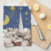 トナカイ付きヴィンテージクリスマスサンタ飛んでいるクロース キッチンタオル (四つ折り)