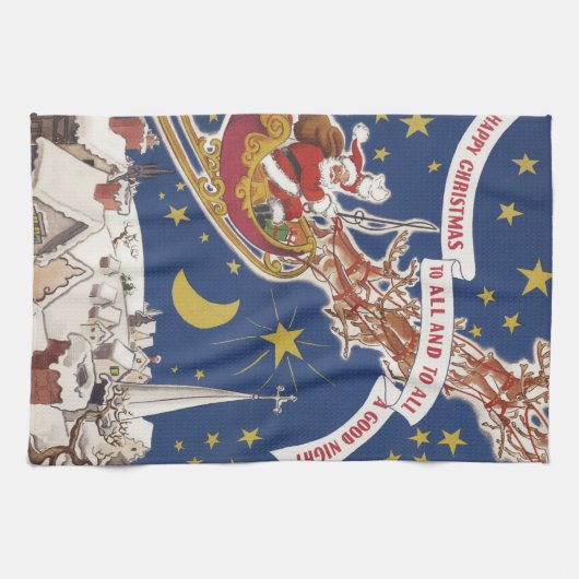 トナカイ付きヴィンテージクリスマスサンタ飛んでいるクロース キッチンタオル (横)