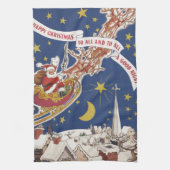 トナカイ付きヴィンテージクリスマスサンタ飛んでいるクロース キッチンタオル (縦)