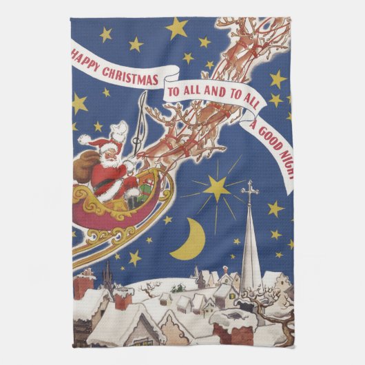 トナカイ付きヴィンテージクリスマスサンタ飛んでいるクロース キッチンタオル (縦)