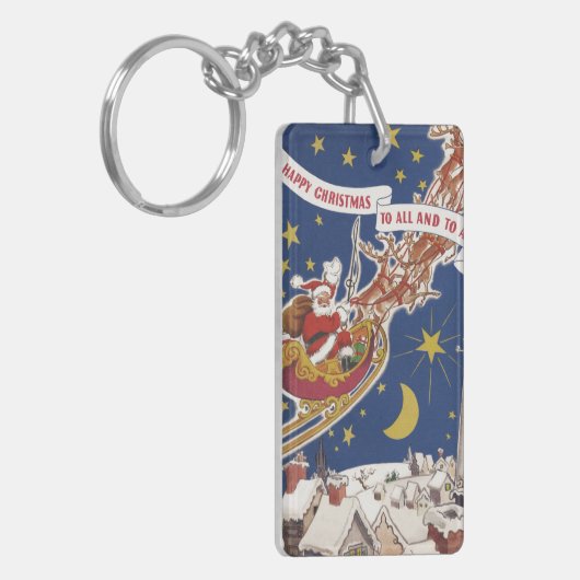トナカイ付きヴィンテージクリスマスサンタ飛んでいるクロース キーホルダー (正面左)