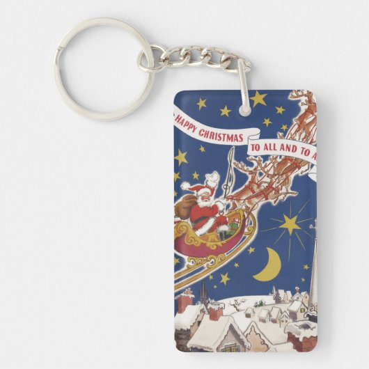 トナカイ付きヴィンテージクリスマスサンタ飛んでいるクロース キーホルダー (正面)