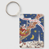 トナカイ付きヴィンテージクリスマスサンタ飛んでいるクロース キーホルダー (正面)