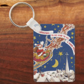 トナカイ付きヴィンテージクリスマスサンタ飛んでいるクロース キーホルダー (正面)