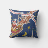 トナカイ付きヴィンテージクリスマスサンタ飛んでいるクロース クッション (正面)