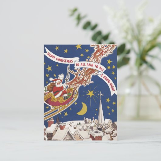 トナカイ付きヴィンテージクリスマスサンタ飛んでいるクロース シーズンポストカード (スタンド正面)