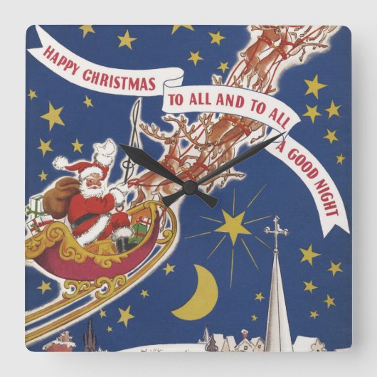 トナカイ付きヴィンテージクリスマスサンタ飛んでいるクロース スクエア壁時計 (正面)