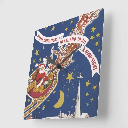 トナカイ付きヴィンテージクリスマスサンタ飛んでいるクロース スクエア壁時計 (傾斜)
