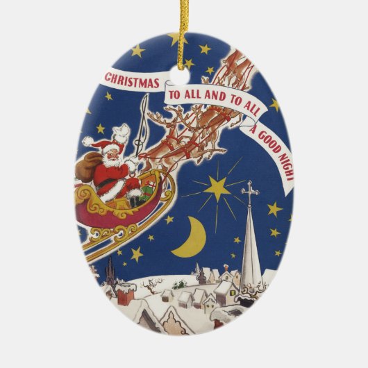 トナカイ付きヴィンテージクリスマスサンタ飛んでいるクロース セラミックオーナメント (正面)