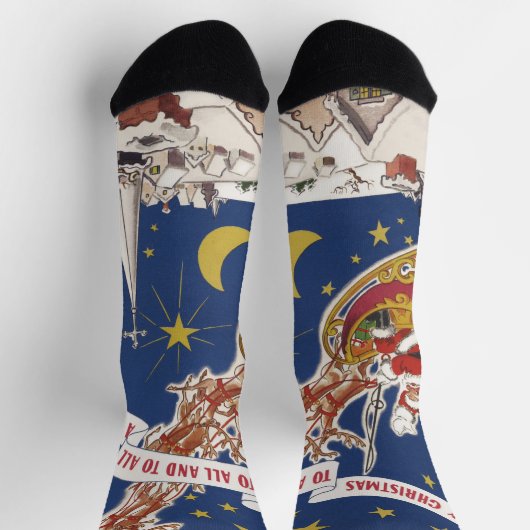 トナカイ付きヴィンテージクリスマスサンタ飛んでいるクロース ソックス (上部)
