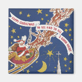 トナカイ付きヴィンテージクリスマスサンタ飛んでいるクロース マグネット (正面)