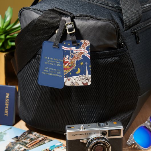 トナカイ付きヴィンテージクリスマスサンタ飛んでいるクロース ラゲッジタグ (正面&裏面)