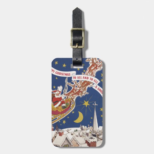 トナカイ付きヴィンテージクリスマスサンタ飛んでいるクロース ラゲッジタグ (正面縦)