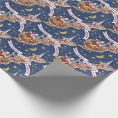 トナカイ付きヴィンテージクリスマスサンタ飛んでいるクロース ラッピングペーパー (角)