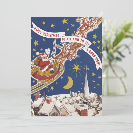 トナカイ付きヴィンテージクリスマスサンタ飛んでいるクロース 招待状 (スタンド正面)