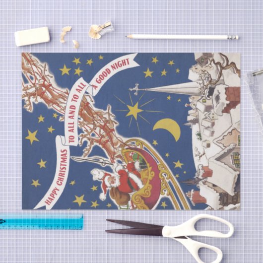 トナカイ付きヴィンテージクリスマスサンタ飛んでいるクロース 薄葉紙 (クラフト)