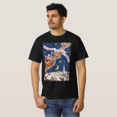 トナカイ付きヴィンテージクリスマスサンタ飛んでいるクロース Tシャツ (正面フル)