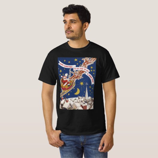 トナカイ付きヴィンテージクリスマスサンタ飛んでいるクロース Tシャツ (正面フル)
