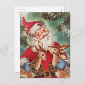 トナカイ付きヴィンテージクリスマスサンタ シーズンポストカード (正面/裏面)