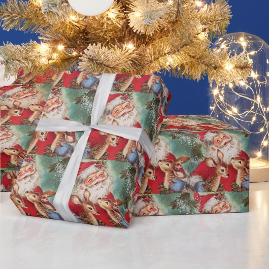 トナカイ付きヴィンテージクリスマスサンタ ラッピングペーパー (クリスマス)