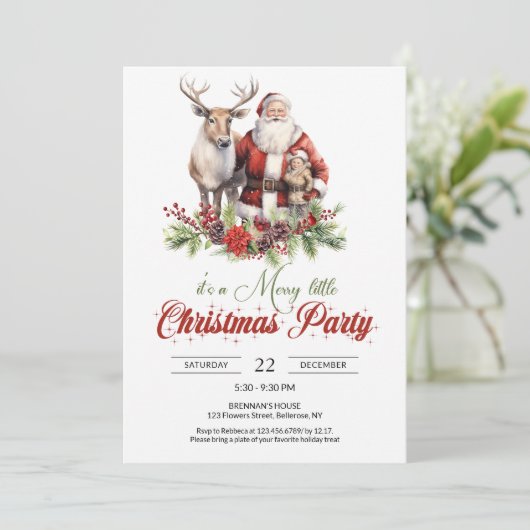 トナカイ伝統的と子供がいるサンタクロース 招待状 (スタンド正面)