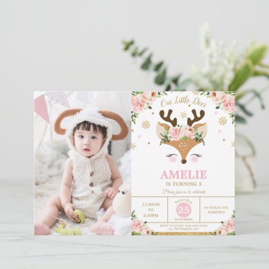 トナカイ冬金ゴールド雪片誕生日写真 招待状 (スタンド正面)